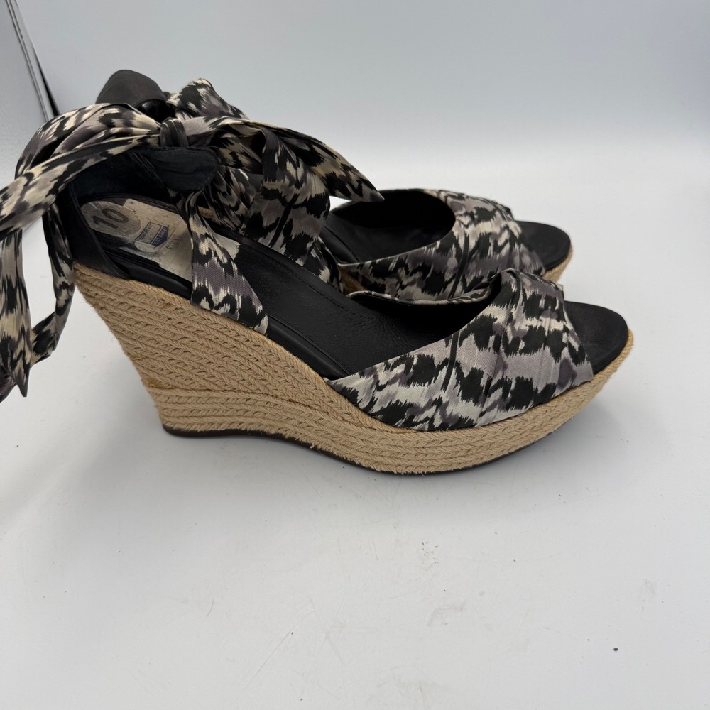 UGG Lucianna Ikat Print Wedge Boho Espadrille Ribbon Tie Sandals Black White